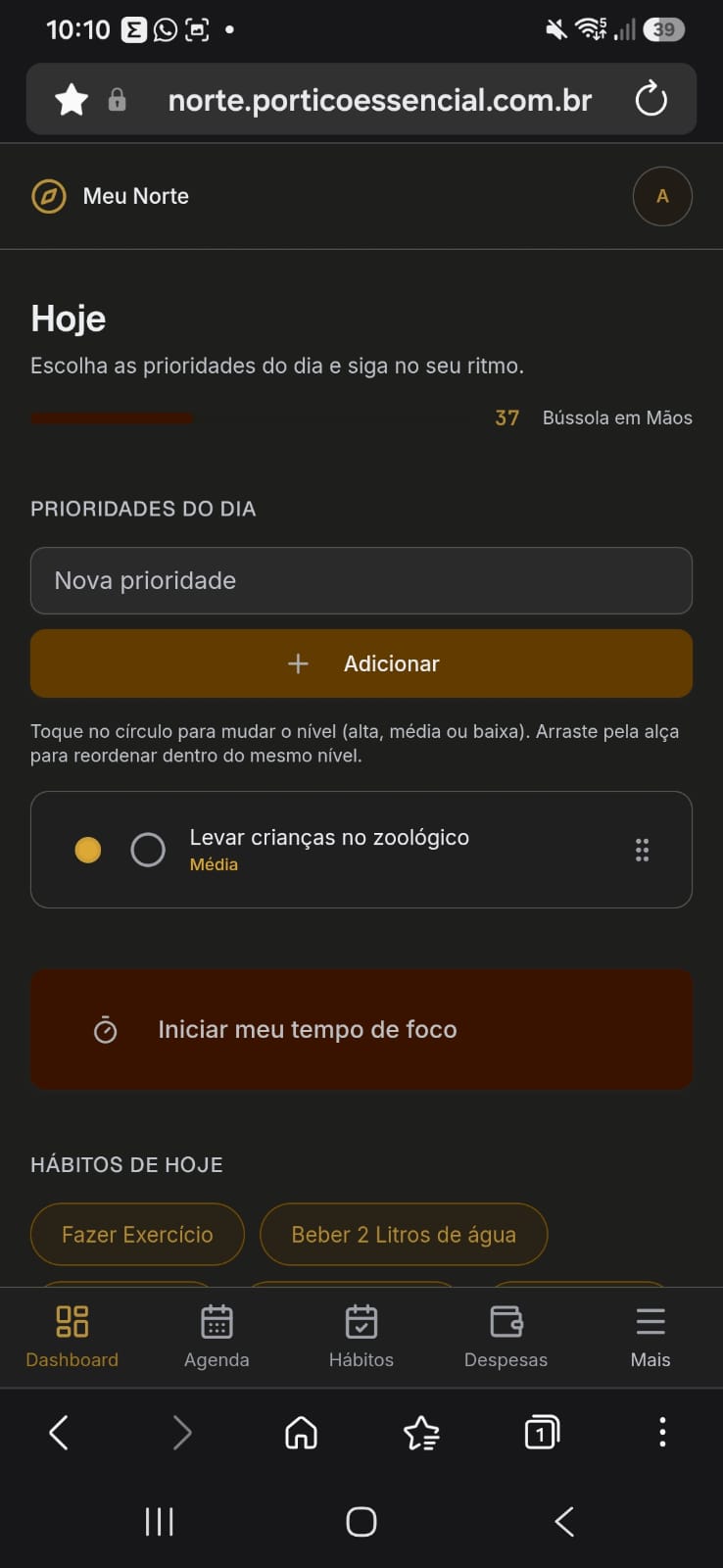 Tela inicial do Meu Norte, com as prioridades do dia e a pontuação