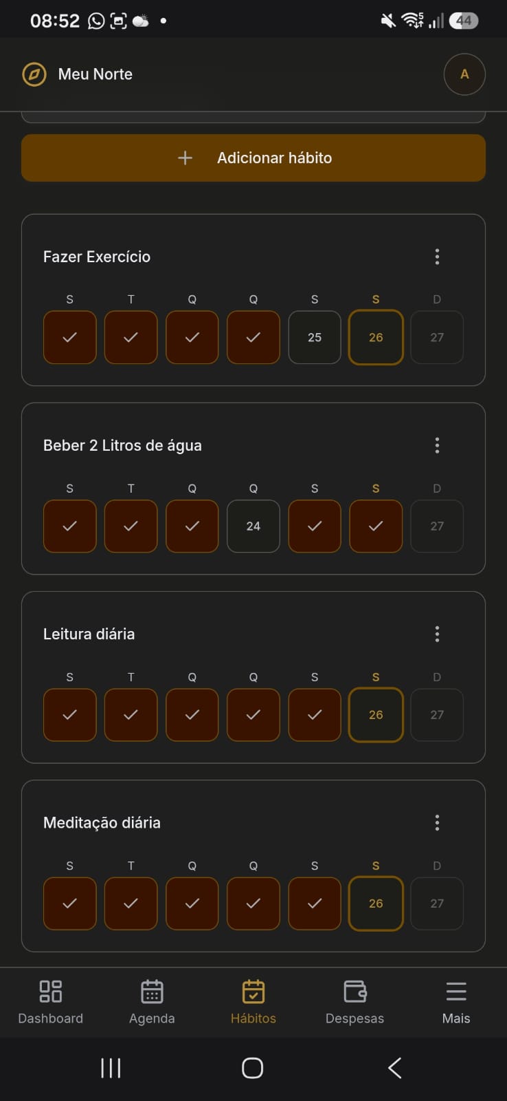 Tela de hábitos do Meu Norte, com a semana de segunda a domingo
