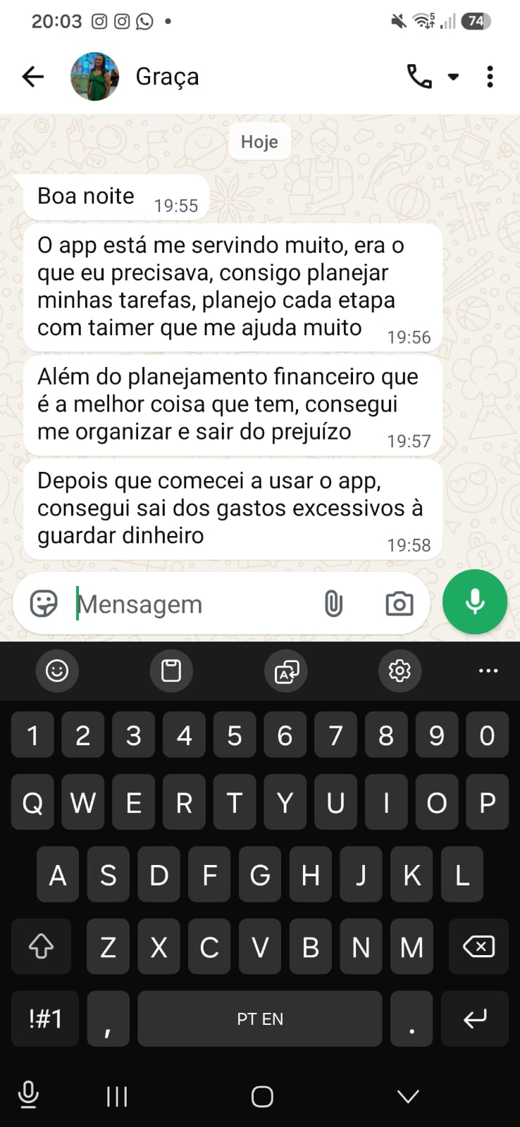 Depoimento da Graça recebido por WhatsApp